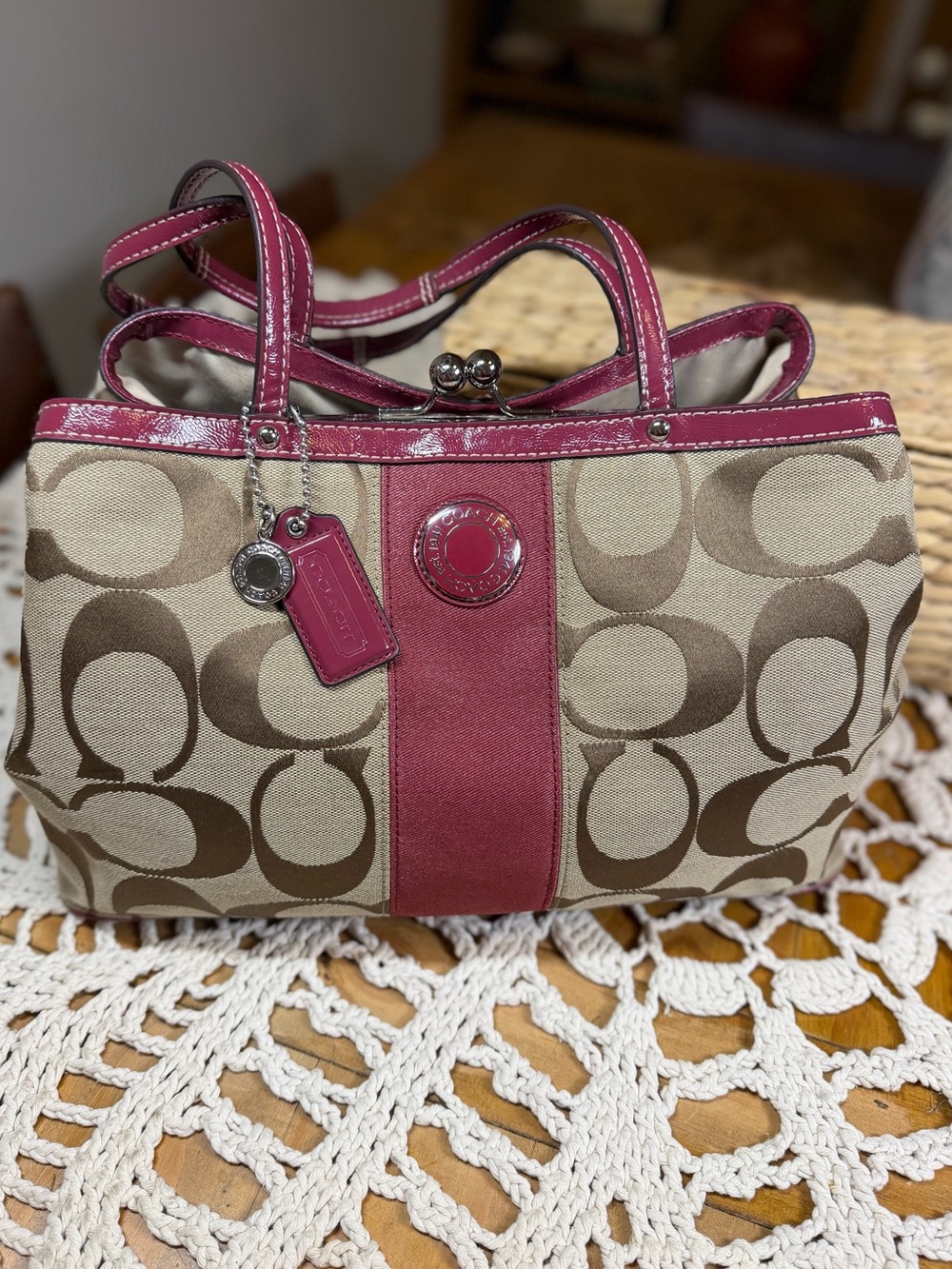 Coach Kisslock Signature Stripe Framed Carryall Satchel Khaki Berry y2k magenta